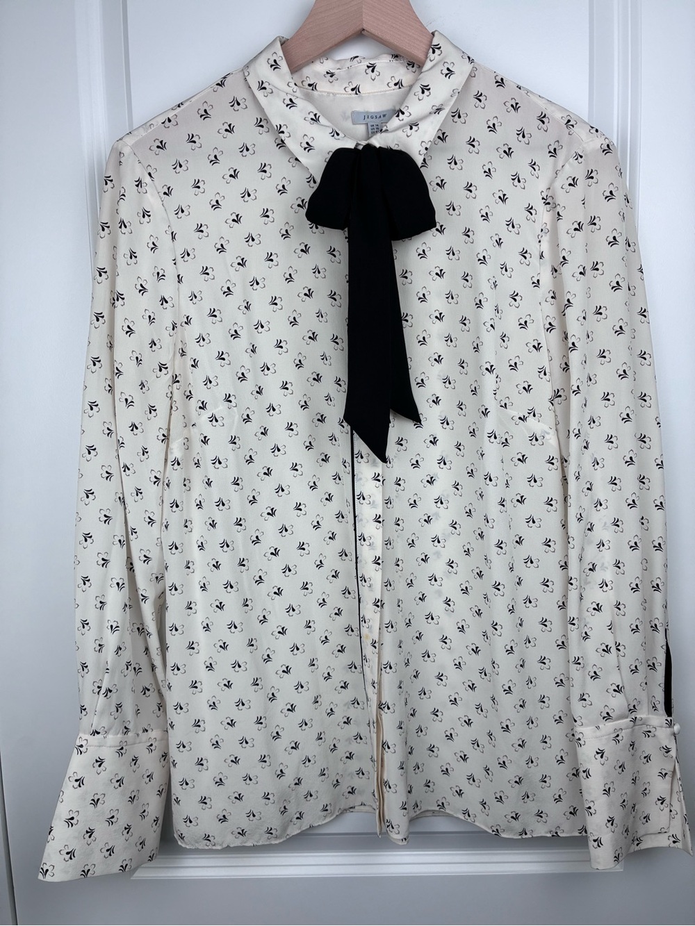 Jigsaw Silk Cream Floral Bow-Tie Long-Sleeve Shirt Size 10